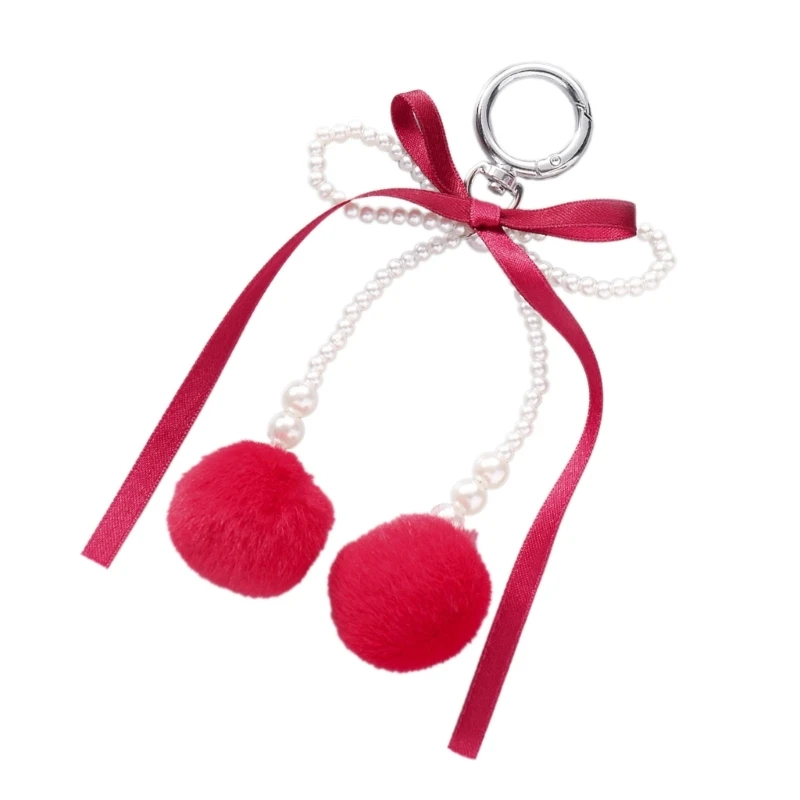 Soft Plush Hairball Keychain with Ribbon Bowknot and Imitation Pearls for Key