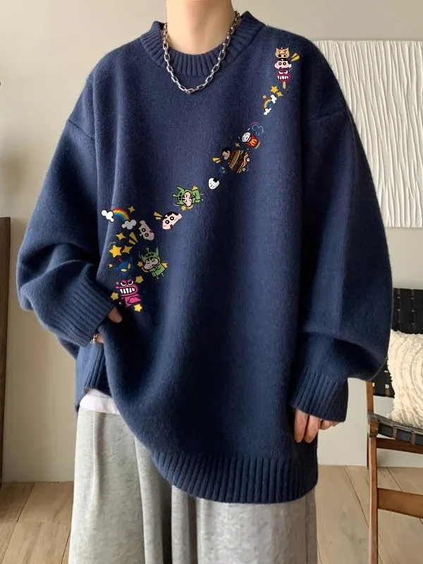 

Мужской теплый вязаный свитер оверсайз с круглым вырезом, с мультяшным принтом, повседневный, зимний, модный, удобный, из мягкого материала, ex Top