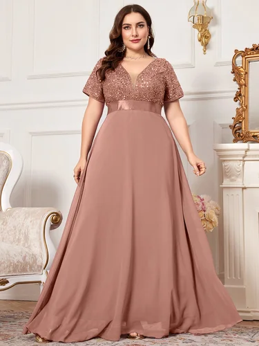 Vestido Largo Formal de Gasa con Lentejuelas y Escote en V de Talla Grande NITHORSE, Negro, Elegante, para Invitadas de Boda