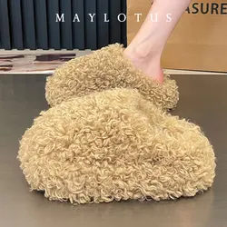 Fur Shoes Flock Winter Woman Slipper Pantofle Med Platform Cover Toe Slides Plush Rome Hoof Heels Rubber Fabric House Slipp