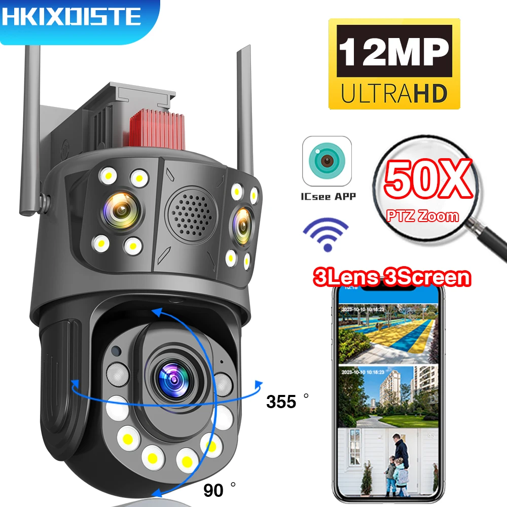

12MP 50X Optical Zoom ICess 6K WiFi Security IPCamera3 Lenses Waterproof Remote Access PTZ Outdoor CCTV Surveillance Camera
