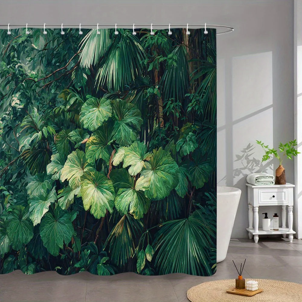 

1 шт. занавеска для душа с тропическими листвами — 70x70 дюймов, пышные зеленые пальмовые листья и капающий солнечный свет, дизайн навеса в джунглях, машина