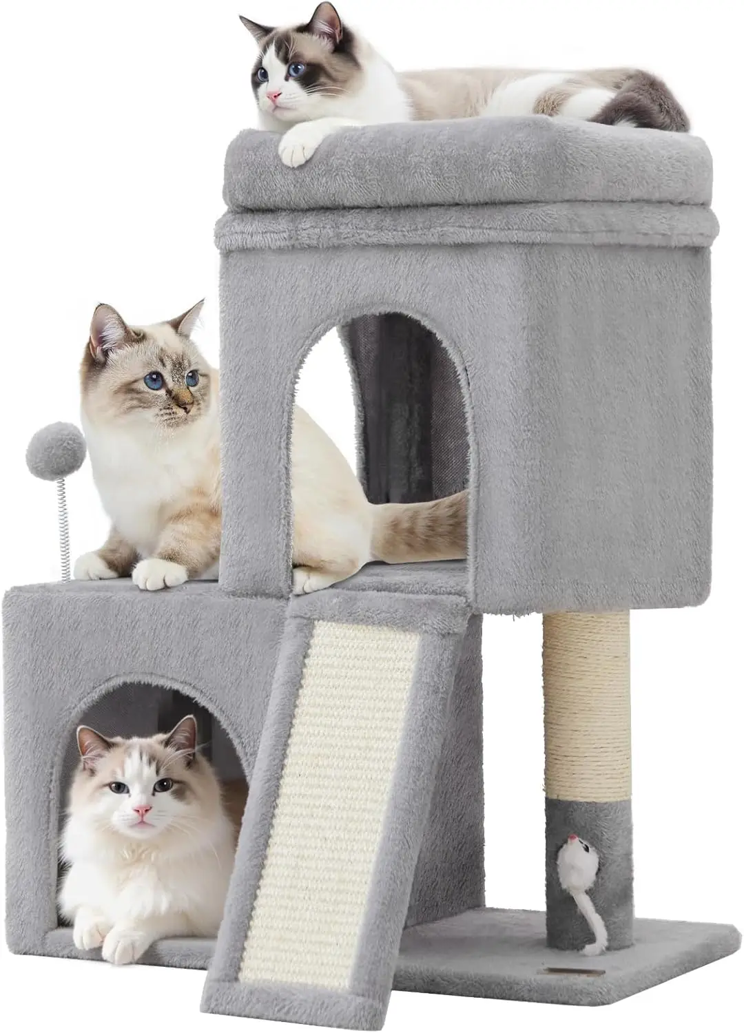

24in Tall Cat Tree with 2 Condos, Scratching Post & Mouse Toy - Light Grey