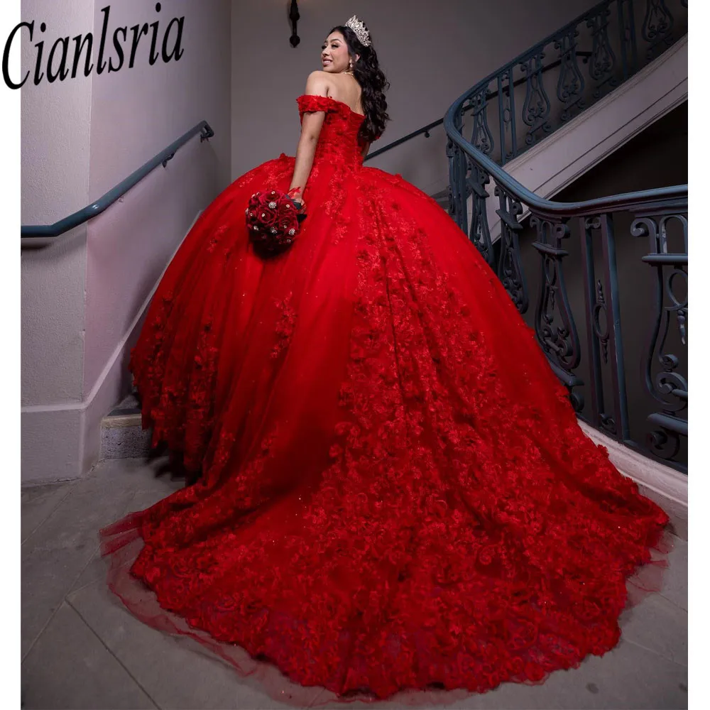 فساتين Quinceanera حمراء ثلاثية الأبعاد مزينة بالزهور على الكتف مزينة بالخرز مشد لحفلات الفتيات 15 الحلوة