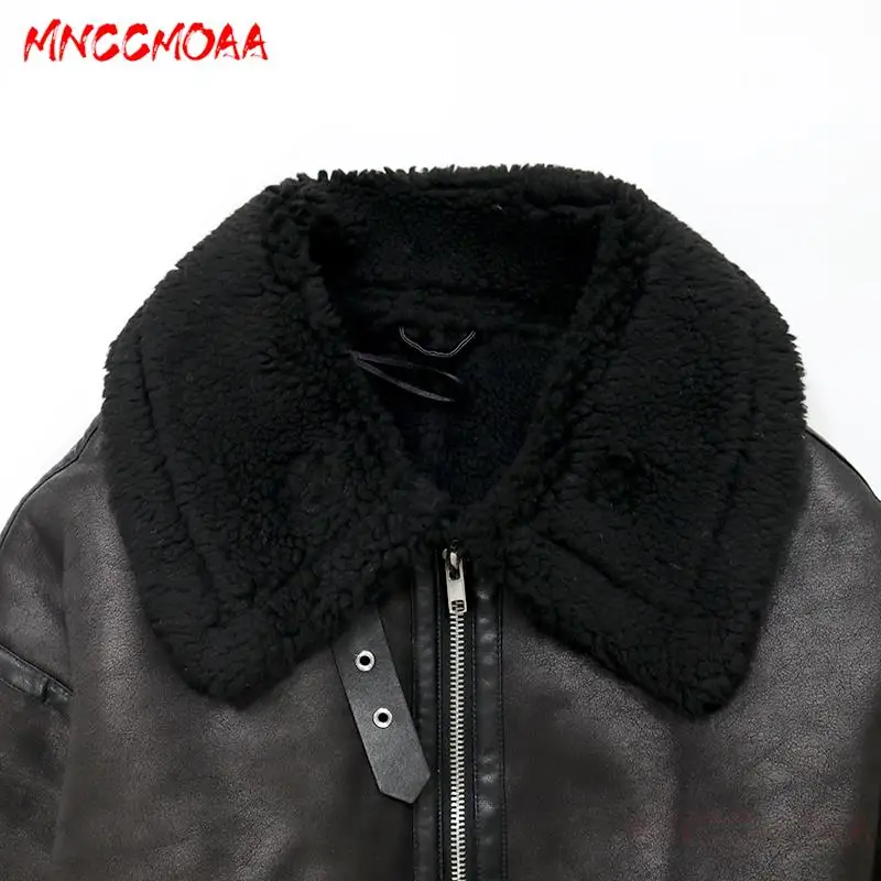 MNCCMOAA 2023 High Quality Winter Women Fashion Loose Thick Warm Faux Leather Jacket Coat Female Casual Zip Pockets Outerwear