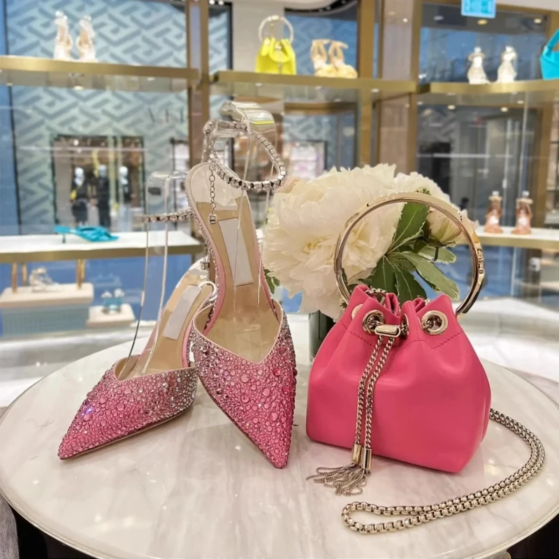 

2025 summer new water diamond full diamond gradient blue toe sandals for women pointed shallow mouth slim heel chain high heels