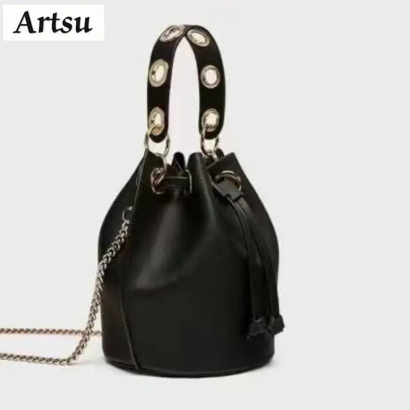 

New Fashion Shoulder Bags Pu Leather Black Bucket Bag Chain Bag Leisure Versatile Handheld Bag Commuter Crossbody Bags ﻿