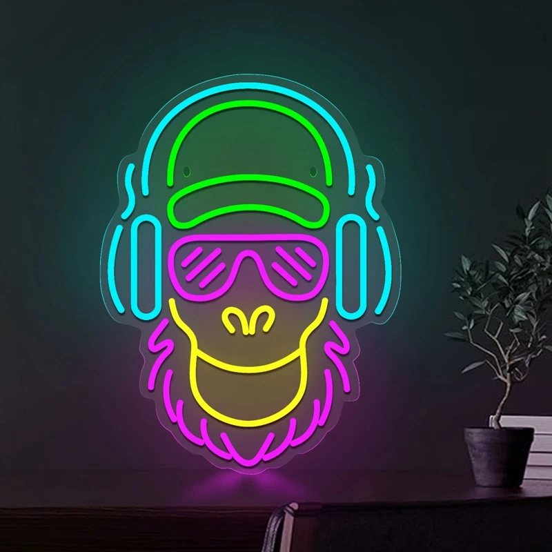 Cute DJ Monkey Neon Lighted Sign Acrylic Neon Signs USB Dimmer Switch For Gaming Room Music Bar Disco Club Party Wall Art Decor