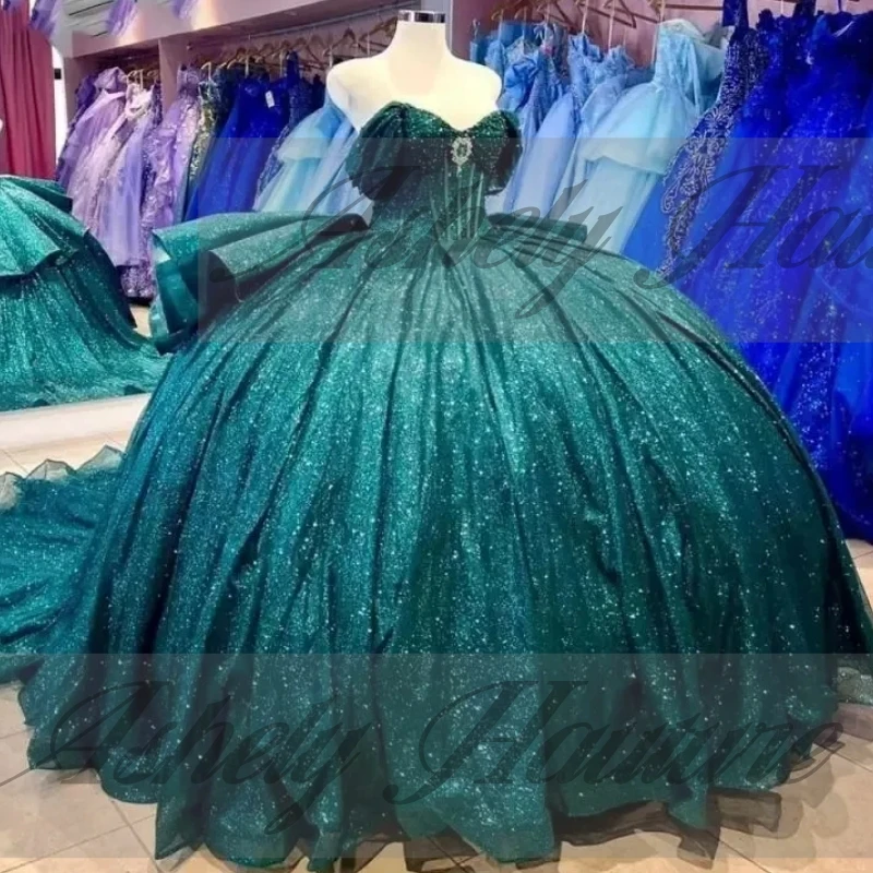 Personnalisé réel Pic brillant vert perles à lacets robe de bal balayage Train bal robe de fête d'anniversaire Quinceanera 15 16 robe 2025