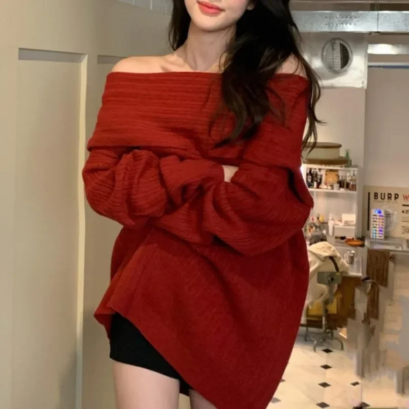 

Women Chic Red Slash-neck Knit Pullovers Elegant Off-Shoulder Loose Casual Knitted Sweater New Girls Christmas Sweater Cardigans