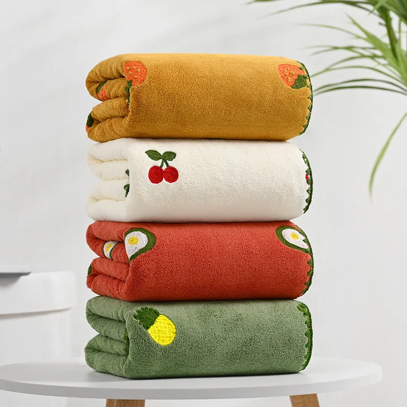 New 2024 Velvet Embroidered Bath Towel Is Absorbent Soft Non-shedding and Non-fading Fruit Embroidered Adults Bath Towel Coral