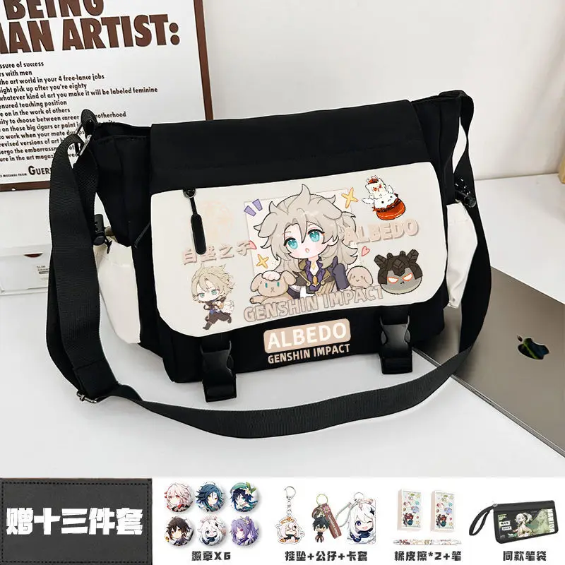 Genshin Impact Albedo Single Shoulder Men Women Shenhe Cartoon Large Capacity Canvas For Middle And High School Students Niche