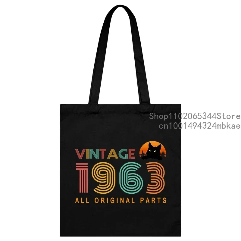 Canvas Tote Bag Vintage Birthday Year 1960-1969 Print Shopping Bag Women Men Casual Fashion Years Black Cat Side Bag for Ladies