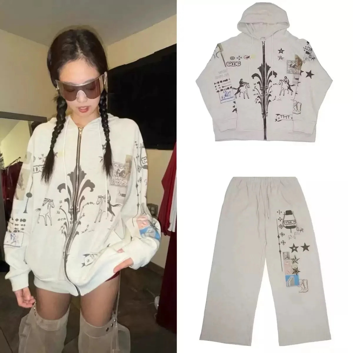 سترة هودي ذهبية بطباعة جرافيتي جيني جينيفر مع بنطلون كاجوال طويل وبنطلون رياضي بأسلوب ملابس الشارع مع إغلاق بسحاب وأكمام طويلة