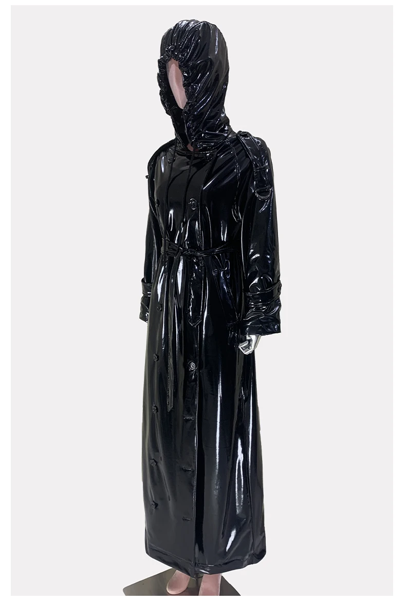Nerazzurri Autumn Extra Long Shiny Black Soft Patent Pu Leather Trench Coat for Women with Hood Double Breasted European Fashion