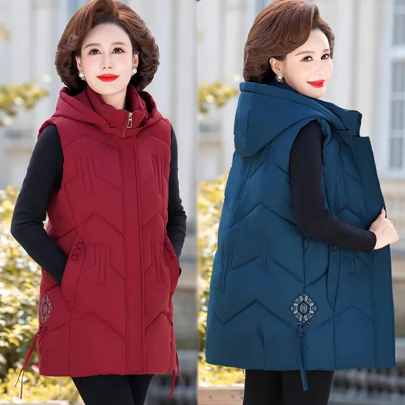 

Middle-aged Women's Down Cotton Vest Coat New Autumn Winter Jacket Hooded Mid Length Sleeveless Jacket Female Waistcoat 6XL 7XL