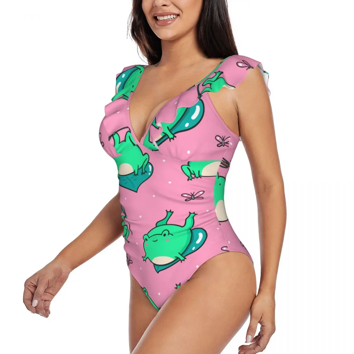 Swimwear Women One Piece Swimsuit Cute Funny Green Frog Swimming Bikinis Push Up Monokini Sexy Ruffle Bathing Suit