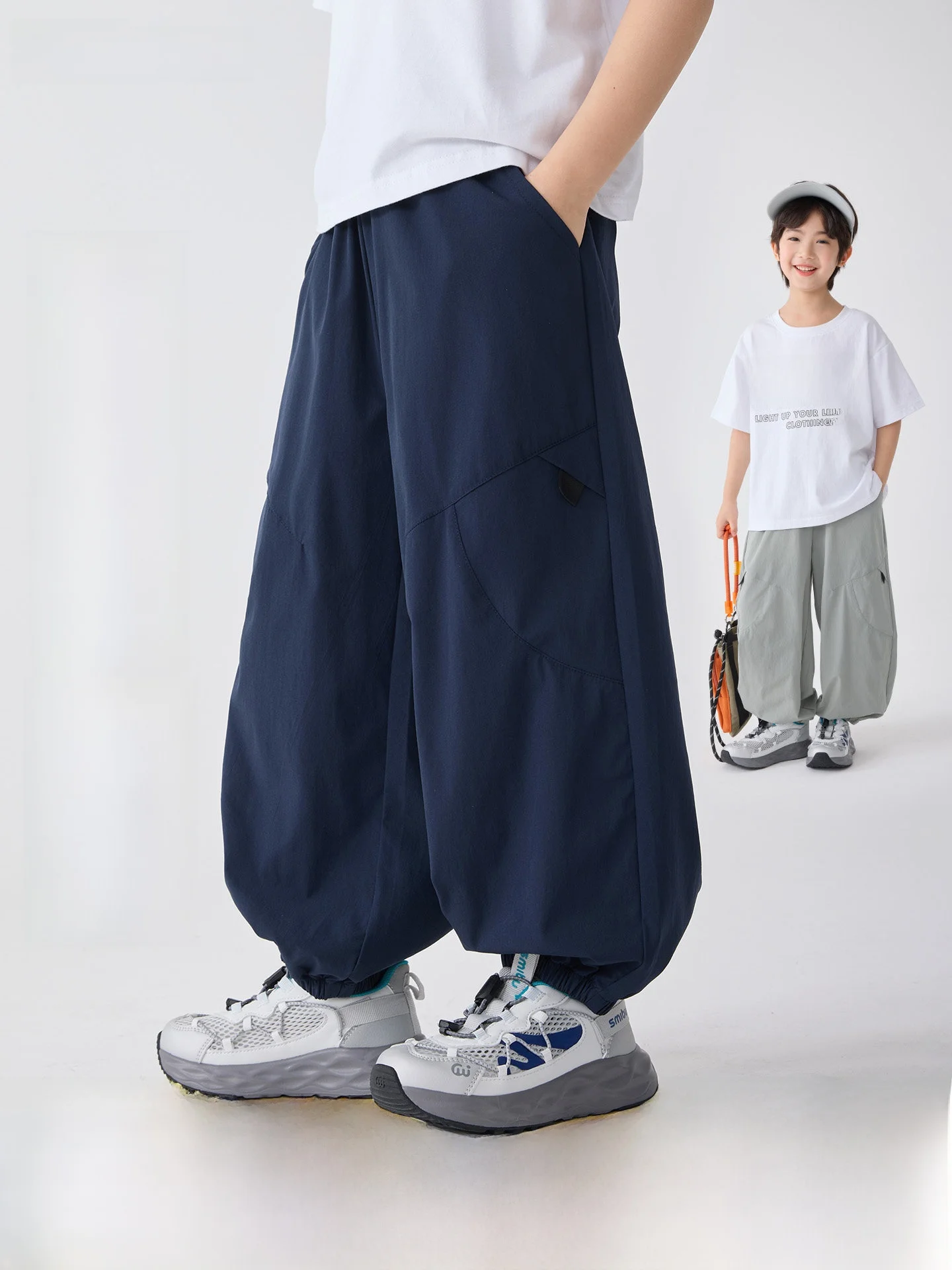 クールな感覚の速乾性カジュアルロングパンツ-男の子用-中～大児向け-夏用-通気性のあるルーズウエスト弾性ジャンプスーツ