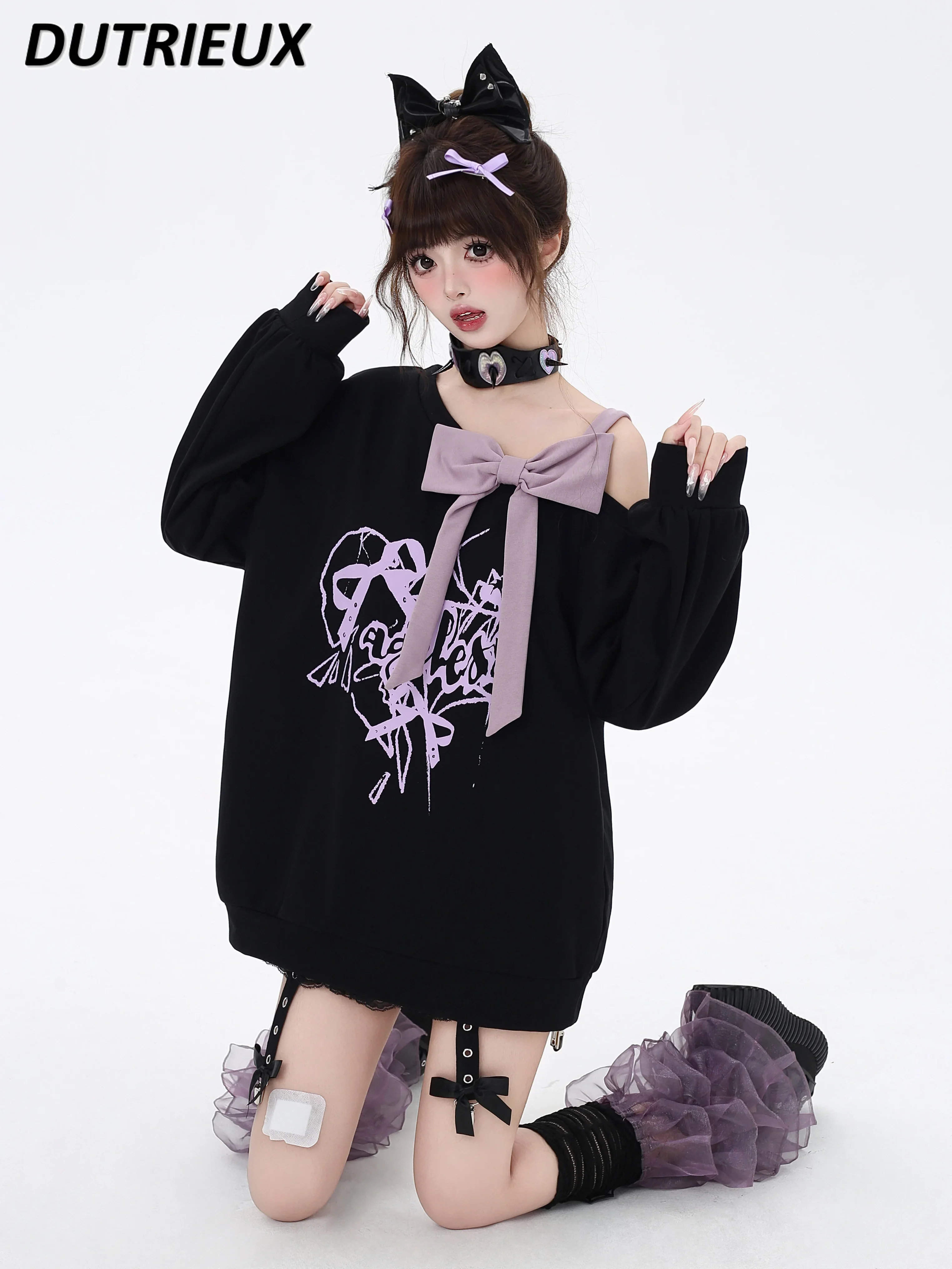 Japanese Style Casual Sweatshirt Subculture Off-the-shoulder Top Fashion Hoodies Autumn and Winter Women's Long Sleeve Pullover