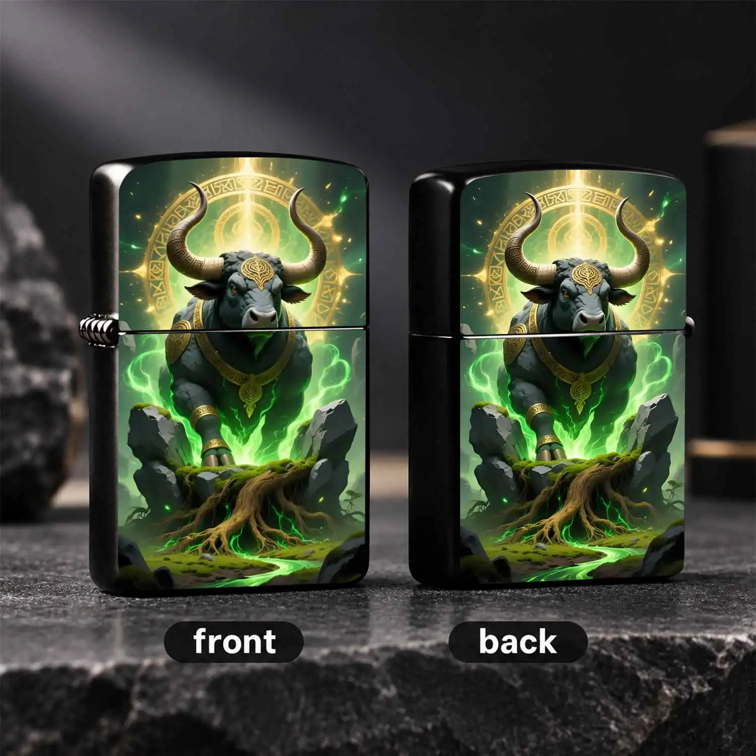 Mystical Sacred Bull Themed Lighter, Exquisite Art Pattern With Glowing Green Energy And Golden Rune Halo, Stylish Portable Accessory For Daily Use, Outdoor Adventures And Gifting, Unique Divine Ornament For All Scenarios A Humorous And Int