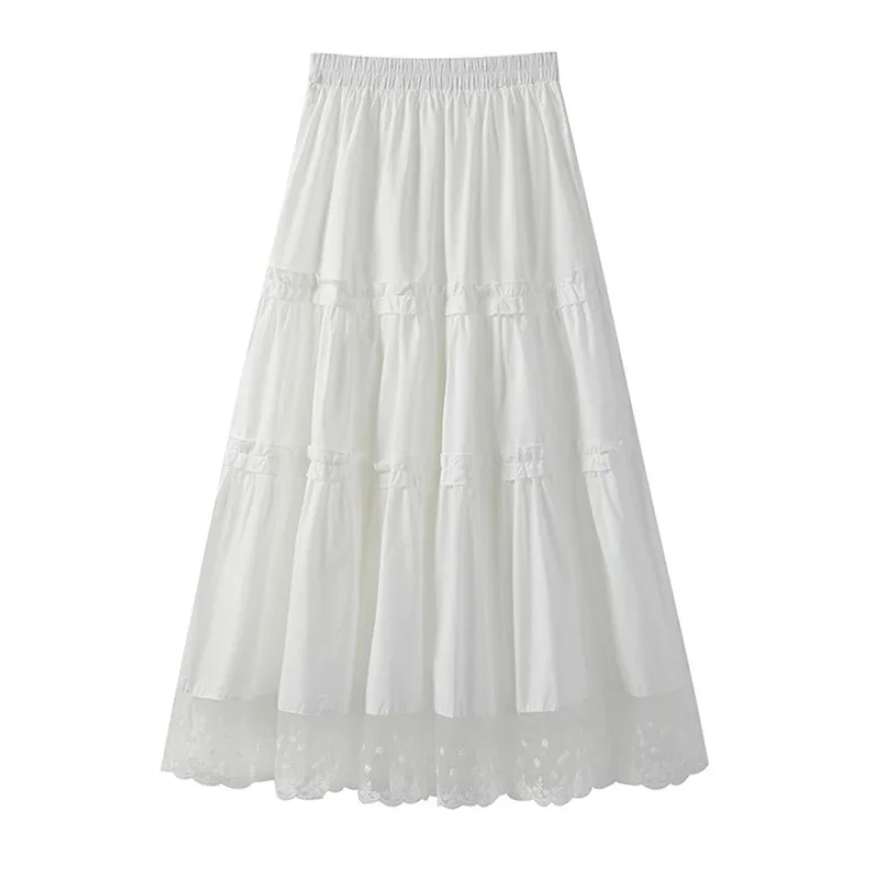 

Summer 2025 High Waist Slim Mid-Length A- Line Skirt Korean Style Lace Splicing Half Skirt Fashion Loose Mesh Gauze Hem Skirt