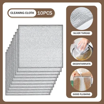 10pcs ใหม่ผ้าทําความสะอาดหนาสองด้านโลหะลวดเหล็ก Rags จานหม้อ Washdishing ผ้าผ้าเช็ดตัวเครื่องมือทําความสะอาด