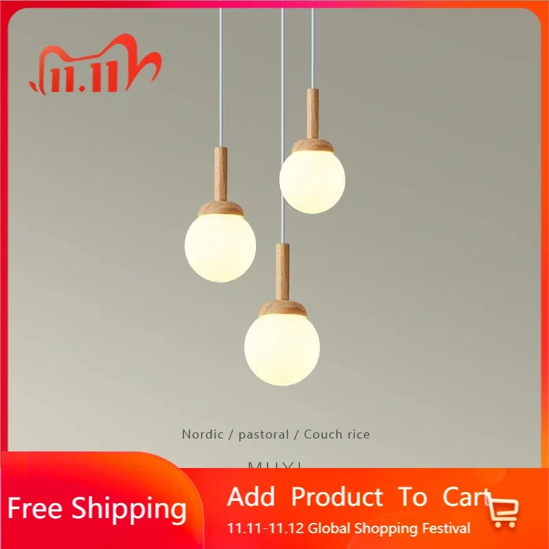 Nordic pendant lamp wood atmospheric Chinese three head dining room dining room modern simple bar personalized creative kitchen