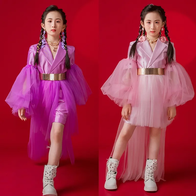 

Outfits Mesh Puff Sleeves Coat Shorts Girls Jazz Clothes New Kids Hip Hop Jazz Dance Costumes Children'S Stage Catwalk