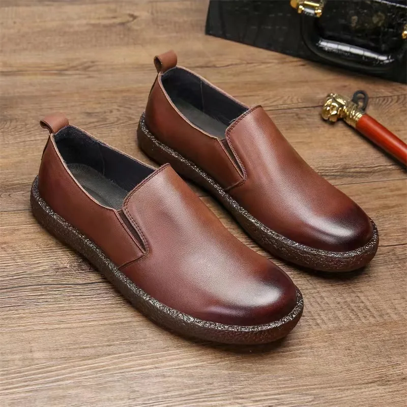 

2023 New Men Genuine Leather Shoes Breathable Comfortable Soft Sole Loafers Spring/Autumn Slip-On Sewing Flats Black Brown