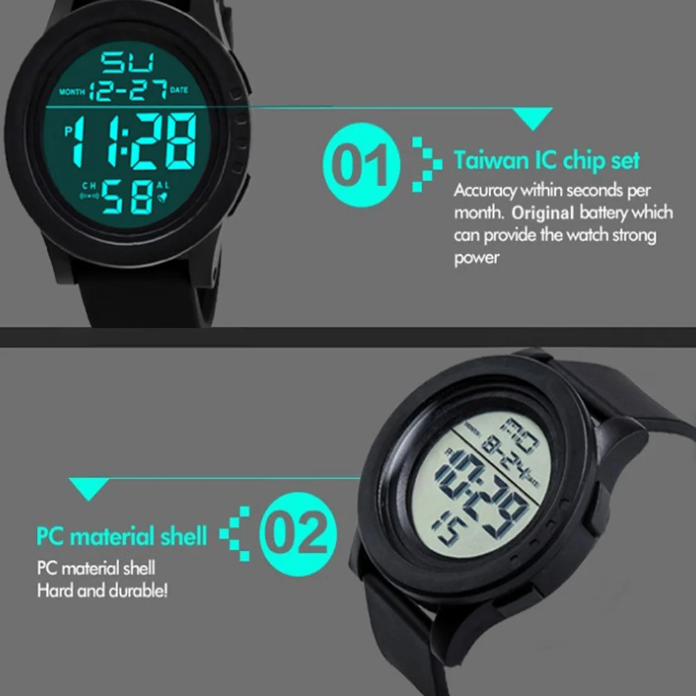 Large Screen Led Watch 30M Waterproof Swimming Diving Stopwatch Dual Time Black Pc Tpu Case Alarm Clock