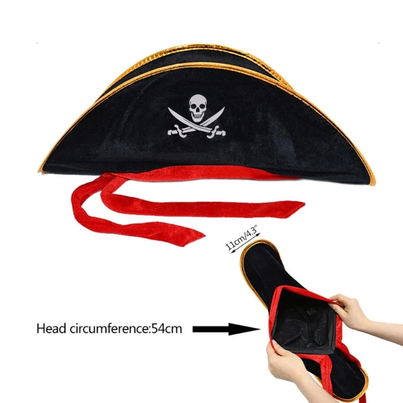 Topi Tricorn Aksesori Kostum Halloween untuk Dekorasi Pesta Topeng Bajak Laut Tema Gaun Hitam Elegan