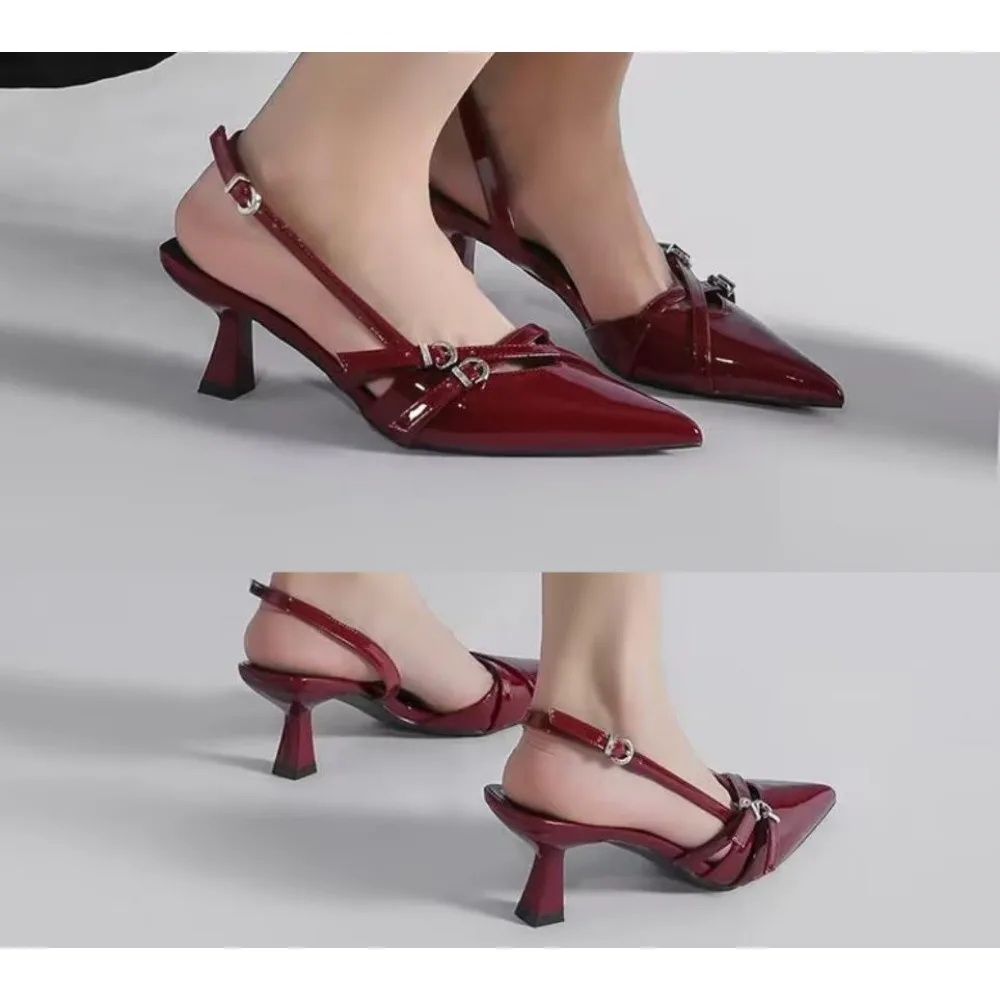 Summer New Style Pointed-toe Kitten Heel Sandals Women's British Style High Heel One-piece Strap High Shoes