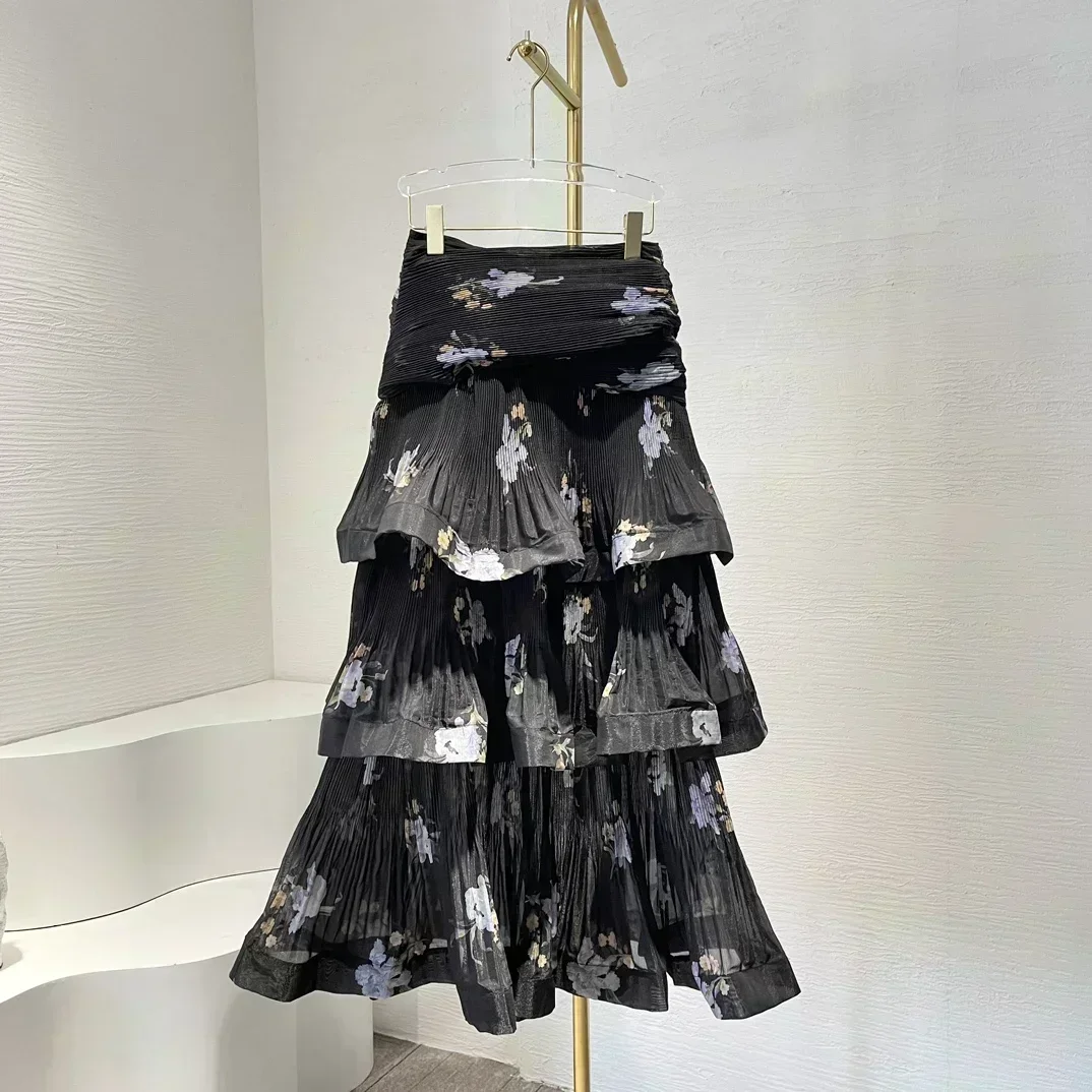 Chemisier à demi-manches bouffantes à imprimé floral noir pour femme, jupe midi plissée en cascade, superposition Y, ensemble de vacances vintage, automne, nouveau, 2024