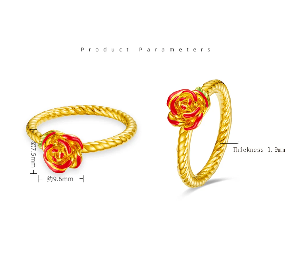 1PCS Pure 999 24K Yellow Gold Ring Women Enamel Red Rose Flower 5G Hard Gold Crafts Light Rings US Size 5-9