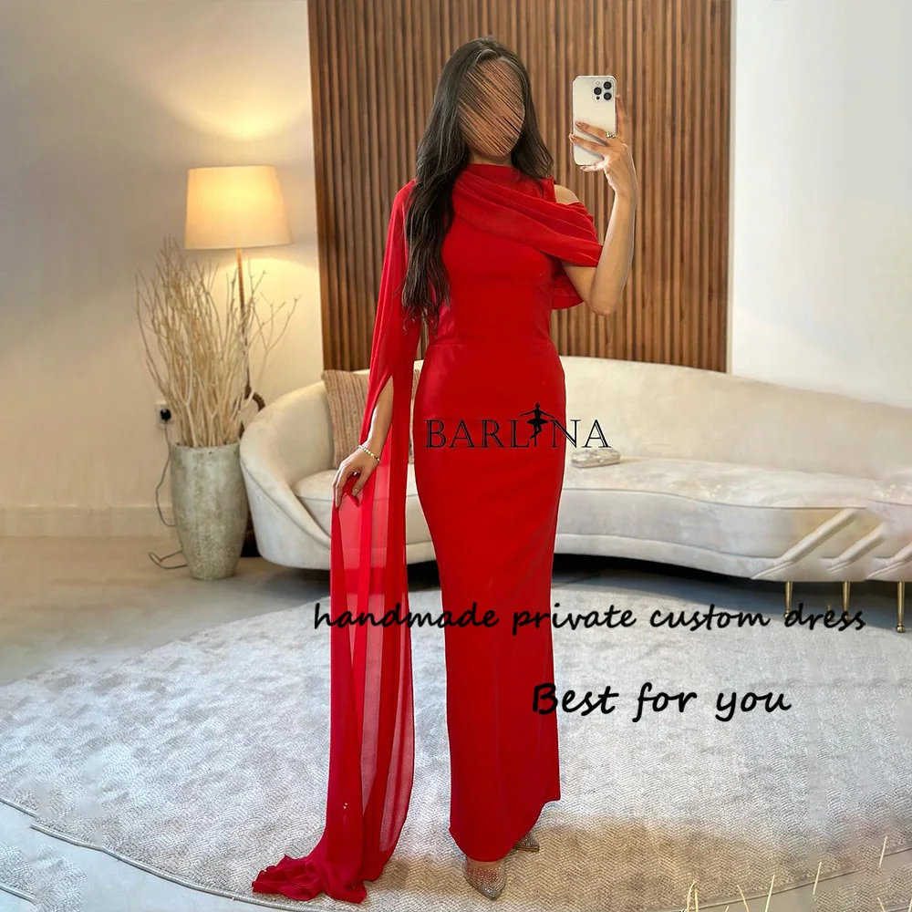 

Red Mermaid Evening Dresses with Slit Cape Long Arabic Dubai Formal Prom Dress Floor Length Wedding Guest Gowns