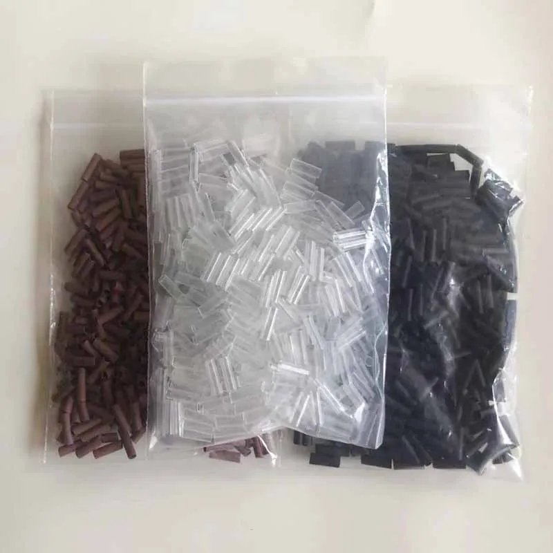 500 piezas de tubos termocontraíbles para extensiones de cabello sin adhesivo, negros y marrones transparentes, herramienta de fusión 5