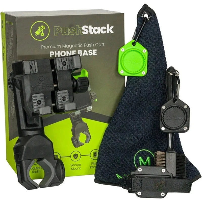 PushStack Pro Pack - حامل هاتف مغناطيسي لعربة الدفع الجولف بالإضافة إلى حزام مغناطيسي لـ Rangefinder، MagStack Microfiber To #1
