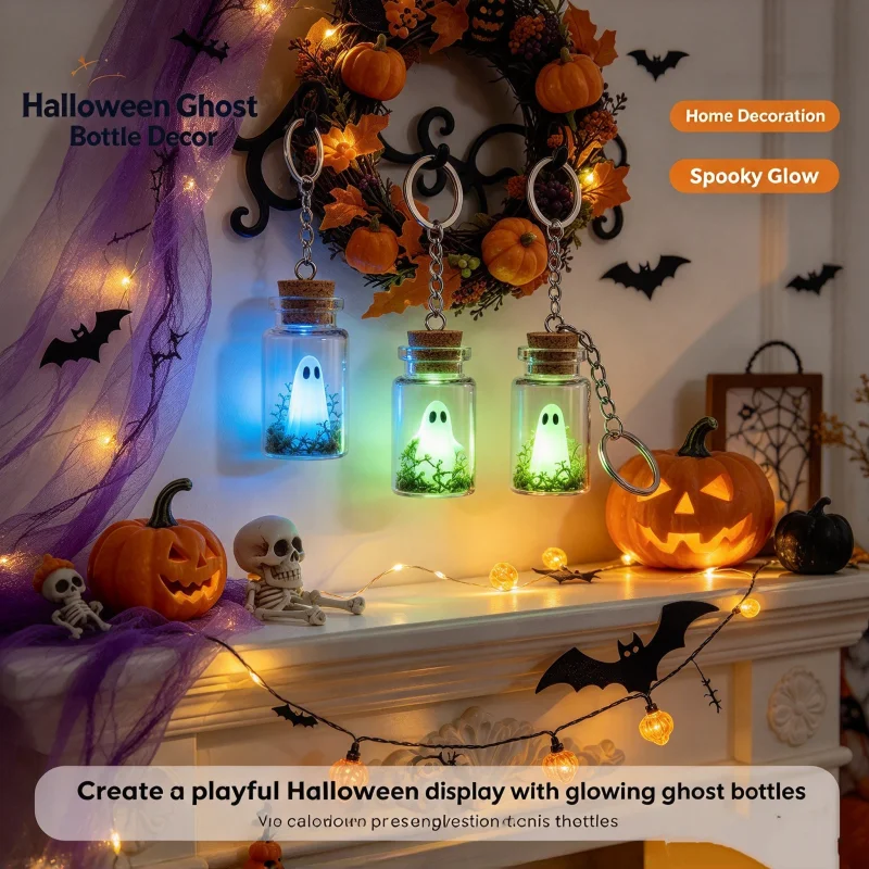 1pcs Creative Halloween Luminous Ghost Keychain Mini Glow Drifting Bottle Adopt Ghost Keyring  Festive Gift