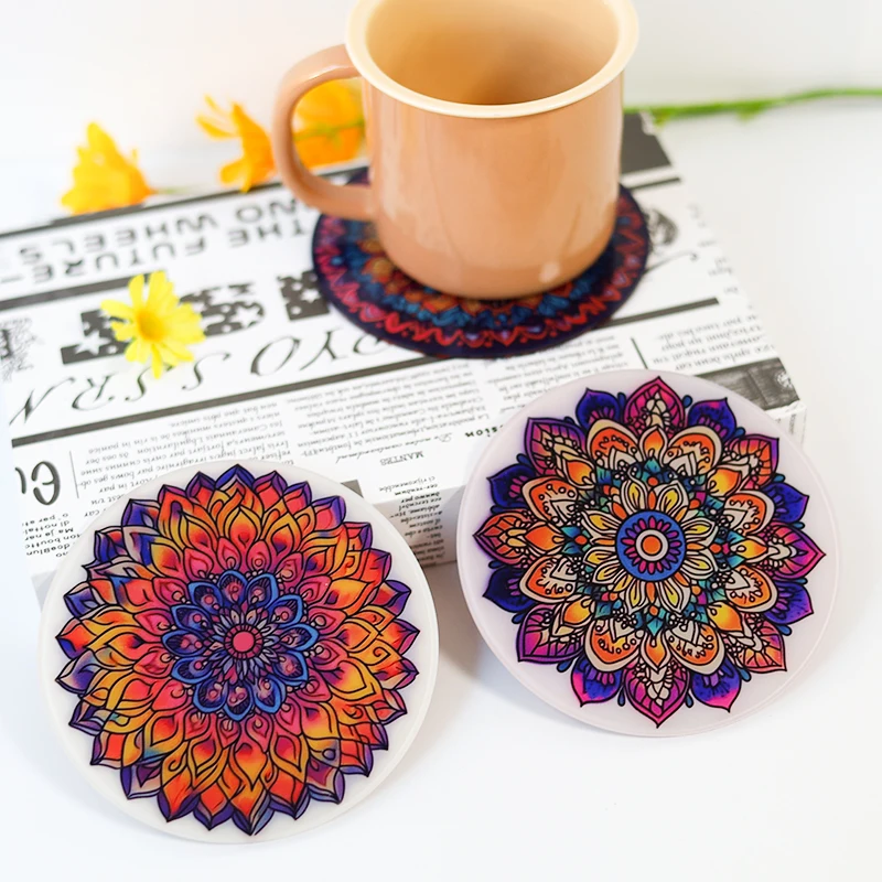 1PCS Acrylic Coasters Mandala Pattern Waterproof and Slip Resistant Cup Mats Fireproof Table Protector Kitchen Items Accessories