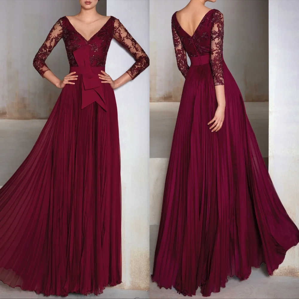 

Customized Chiffon Pleat Lace V-neck A-line Long Dresses Bespoke Occasion Classic Women's Evening High Quality Exquisite Party