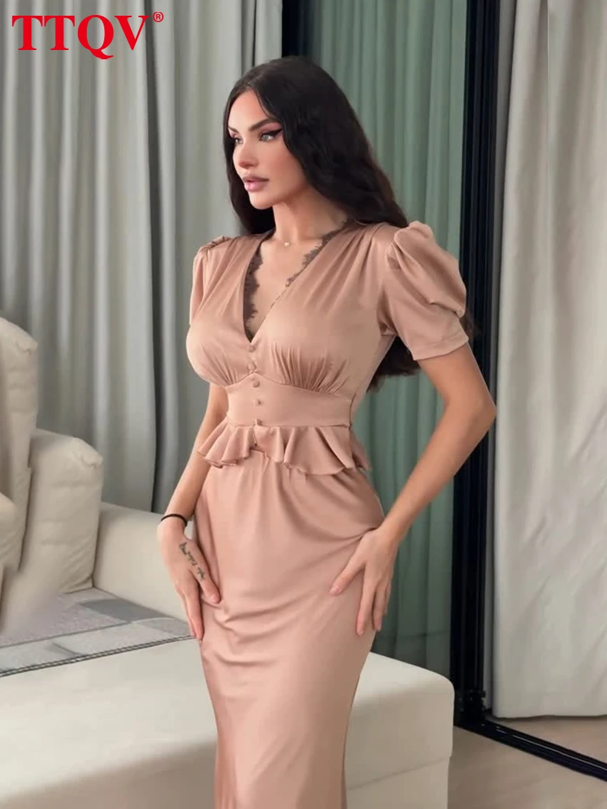 TTQV Summer Slim Brown Satin Women's Two Pieces Set 2026 Sexy Short Sleeve Shirt With High Waist Maxi Skirt Set Female Clothing image 4