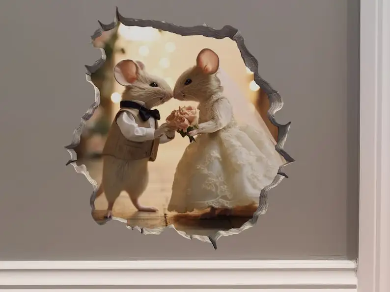 Bride and Groom Mice in Mouse Hole Decal - Mouse Hole 3D Wall Sticker Wedding Favor