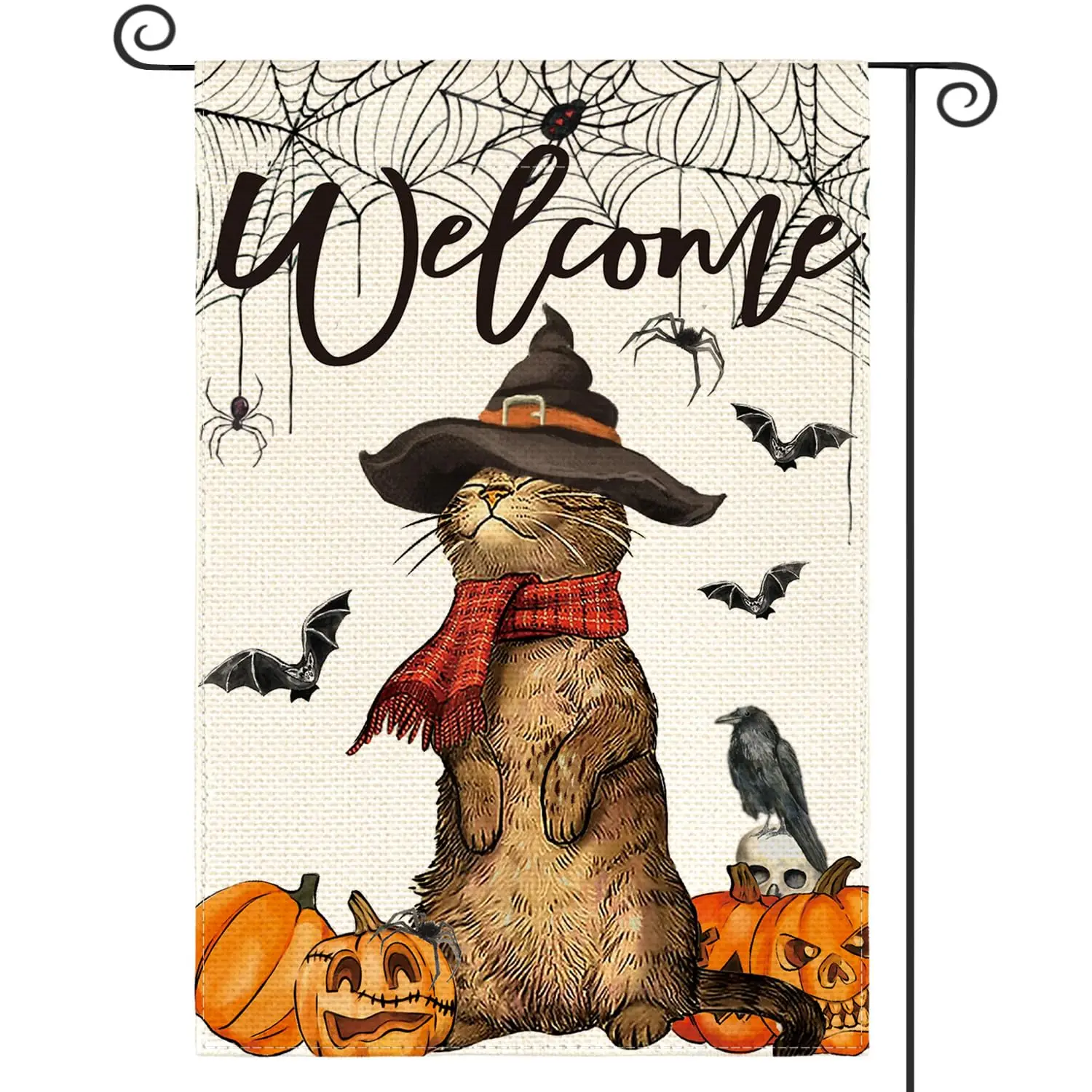 Halloween Welcome Garden Flag, Double Sided, Witch Cat Jack O Lantern, Pumpkin Party Yard, Outdoor Decorative Flag, 12x18 Inch