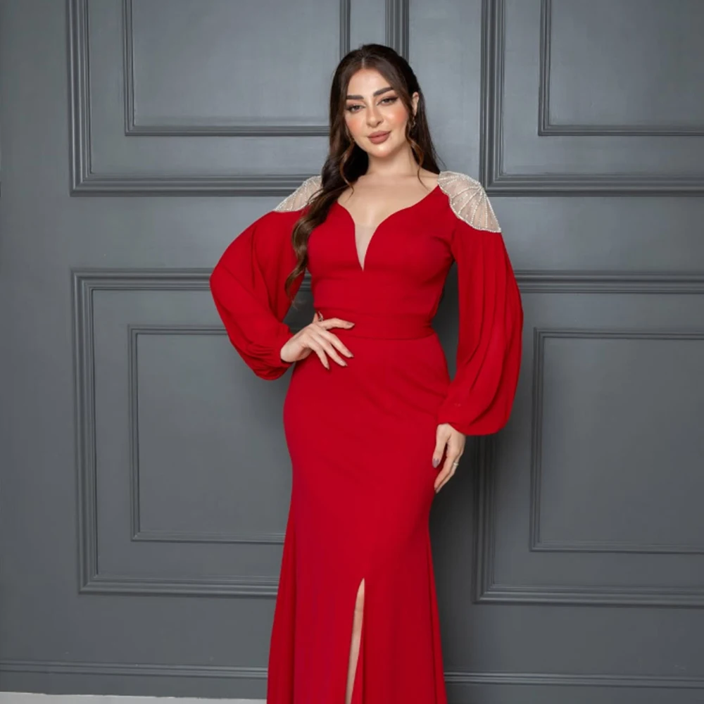 

Customized V-neck Red Jersey Mermaid Evening Dress Full Sleeves Sequined Floor Length Split Pageant Party Prom Gowns For Women