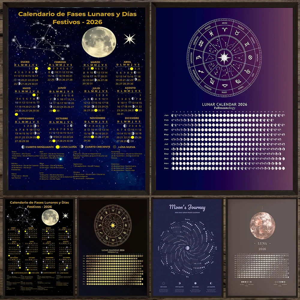 2026 Lunar Phase Calendar  Astrology Art Poster And Print,Moon Phases Gift,Moon Planner Celestial Decor Wall Art Canvas Painting