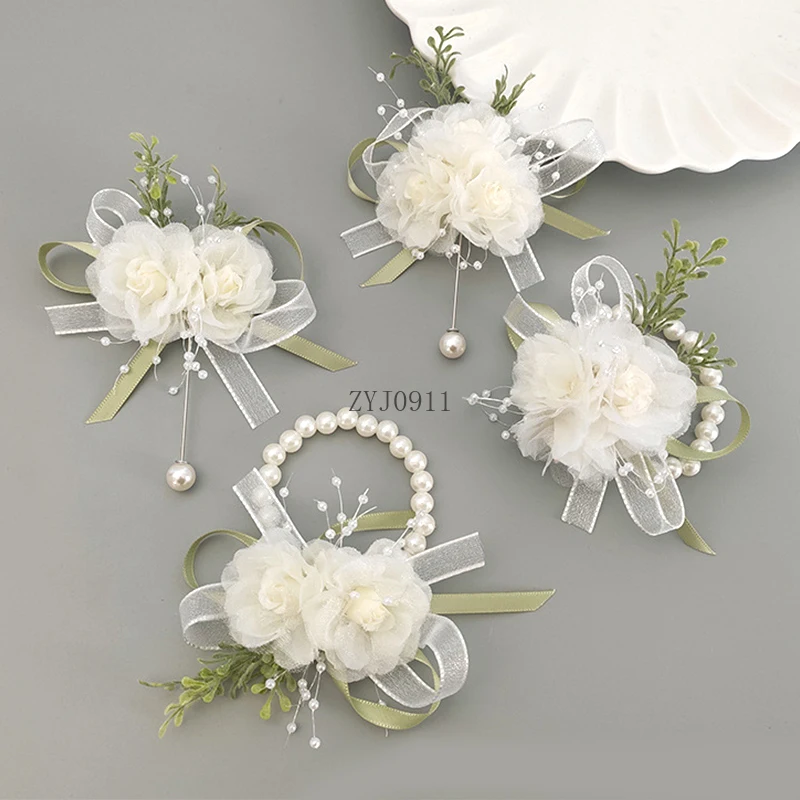 * สาวเพื่อนเจ้าสาวข้อมือ Corsage เจ้าสาวพรหมปาร์ตี้ Boutonniere ซาติน Rose Pearl สร้อยข้อมือผ้ามือดอกไม้งานแต่งงานอุปกรณ์เสริม