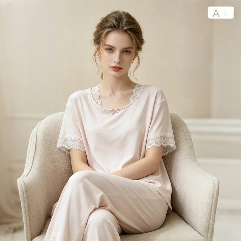 Lenzing Modal Women's Summer Pajama Set Short Sleeved Top Lace Trousers French Style with Built in Chest Pad Ultimate Comfort