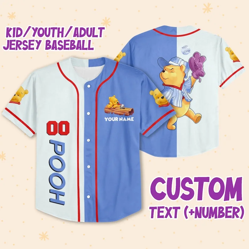 Disney Baseball Jersey Personalize Pooh Red Custom Kids, Youth, Adult 3D All Over Print Baseball Jersey Sports Outfits Cute Gift