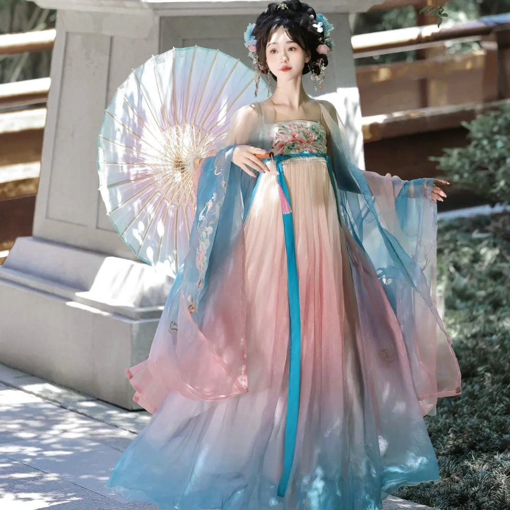 

Изысканная вышивка в стиле династии Тан: рубашка с широкими рукавами, цельная бальзамовая юбка, сказочный женский ханьфу до груди.