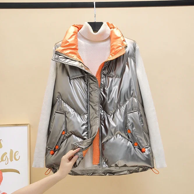 New Autumn Winter Women's Down Cotton Vest Girls' Versatile Student Bright Fabric Vest Warm Casual Outdoor Coat Green